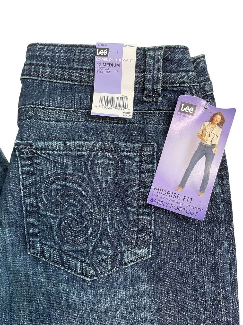 NWT Lee Women’s MidRise Dark Blue Embroidered Back-Pocket Bootcut Jeans 12M